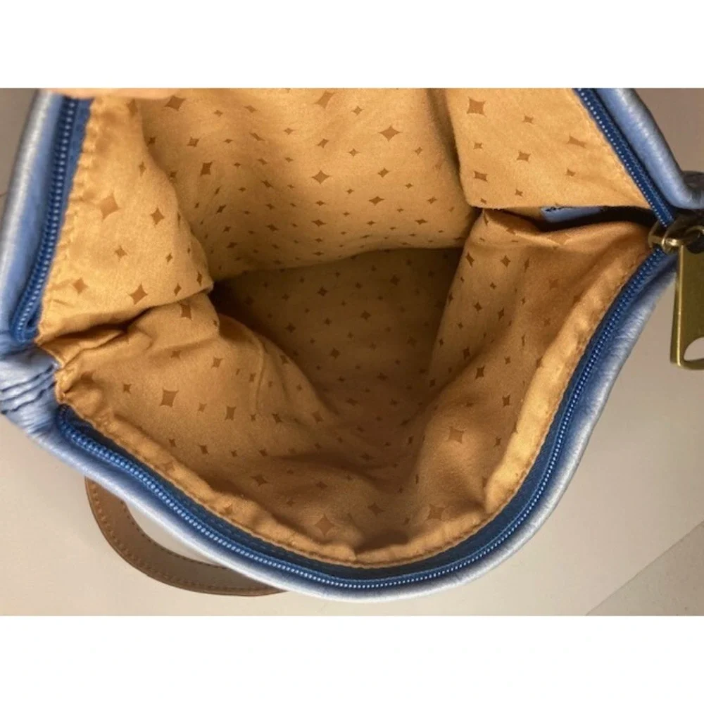 Vintage‎ Fossil Cowhide Leather Fold-Over Denim Blue Shoulder Bag Hobo